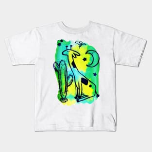 Space Giraffe and Cactus Green Watercolor Kids T-Shirt